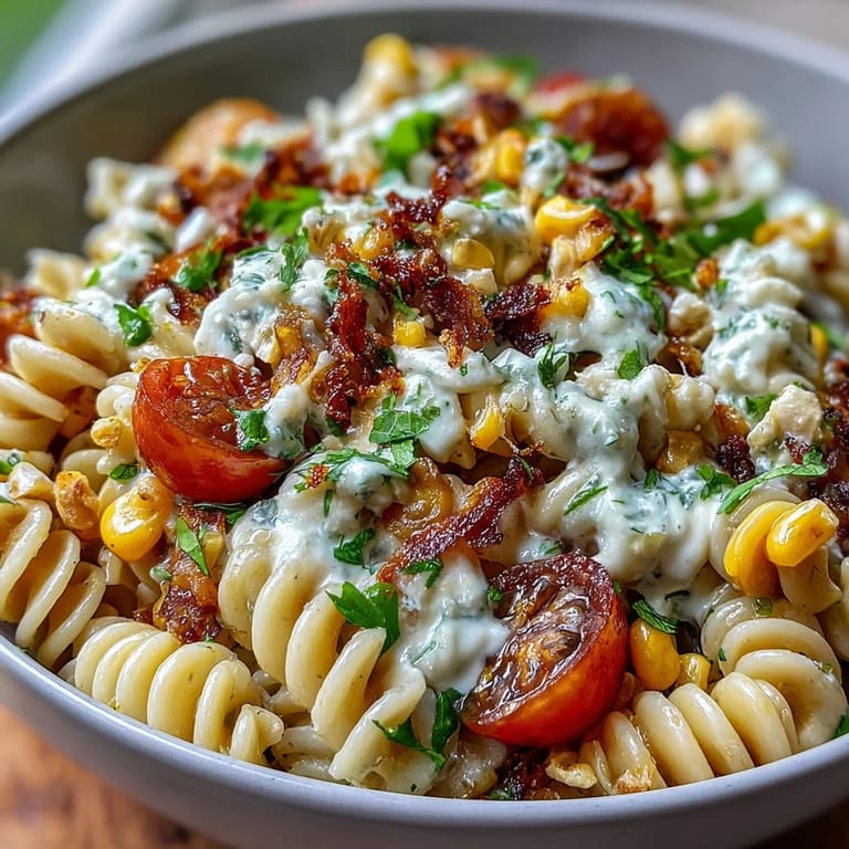 Mexican Elote Pasta Salad with Cotija, chili, and lime, featuring colorful cherry tomatoes, jalapeño, and smoky corn for a refreshing, bold flavor.