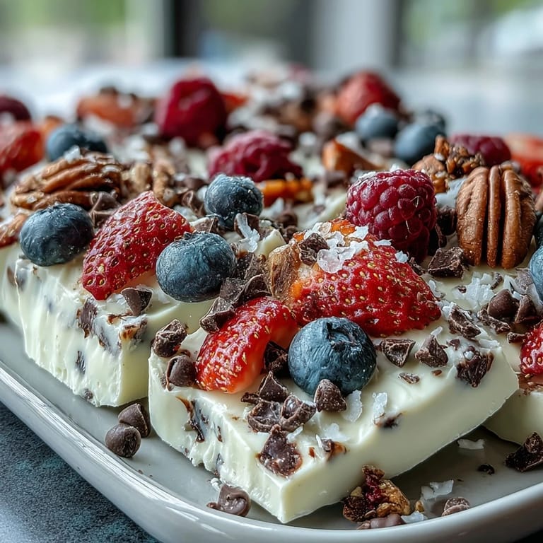 Creamy frozen yogurt bark topped with fresh berries and granola, a colorful and refreshing treat ideal for hot days or healthy dessert.