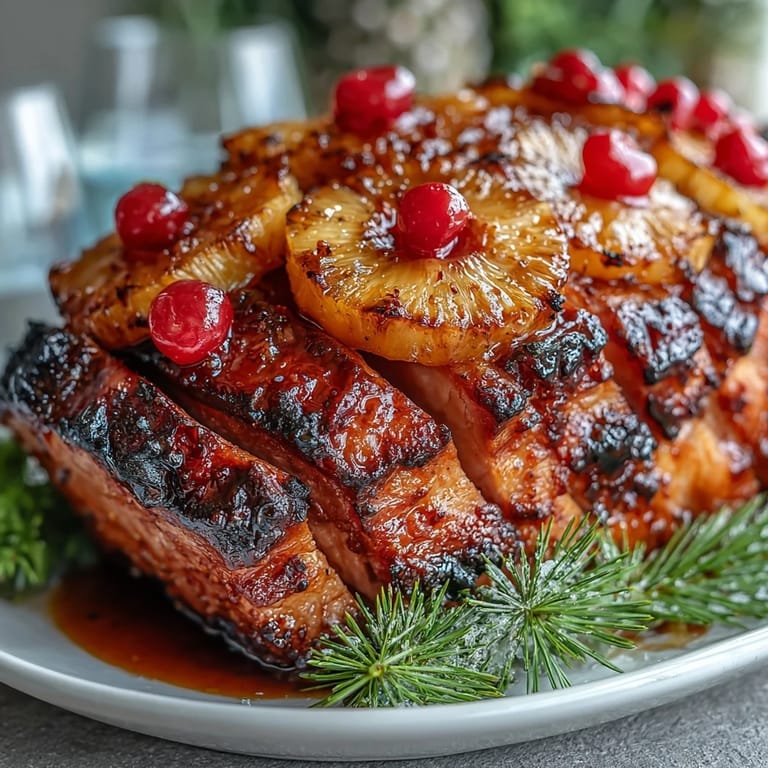 3. Succulent Honey Glazed Ham with Pineapple slices shines with sweet, tangy glaze and vibrant fruit garnish.