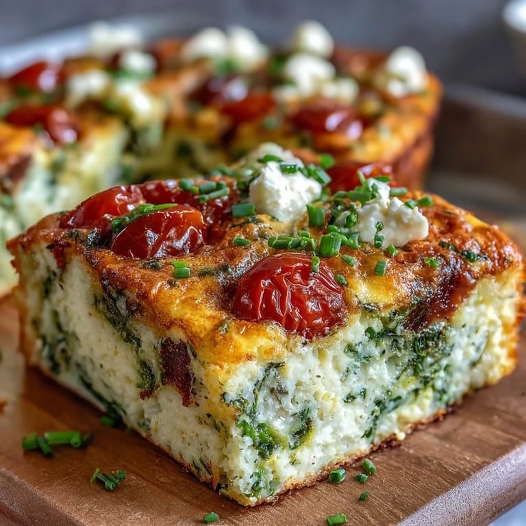 Vibrant Easter frittata loaded with spring vegetables, feta cheese, and fresh herbs, sliced into easy squares for serving.