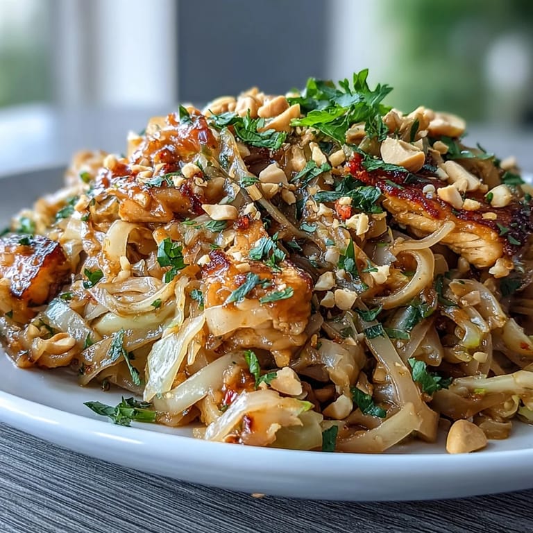 Colorful cabbage Pad Thai stir-fry, tossed with savory sauce, crisp veggies, and your choice of chicken, shrimp, or tofu.  