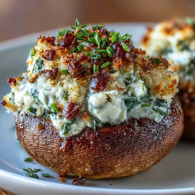 Savory stuffed mushrooms brimming with spinach and ricotta, topped with Parmesan and breadcrumbs for a crispy, crowd-pleasing bite.