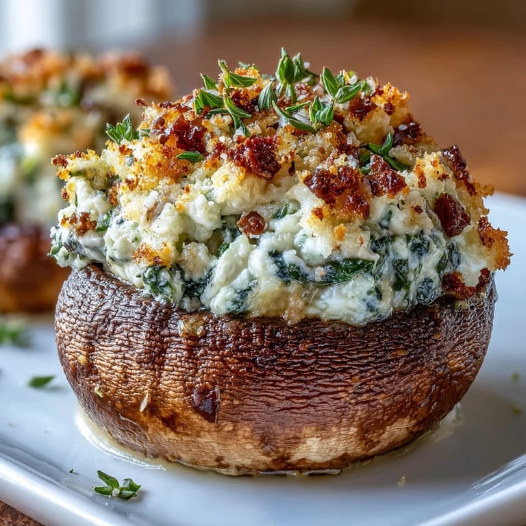 Plump mushroom caps generously filled with a blend of ricotta, spinach, and fresh herbs, baked to perfection for an elegant appetizer.  