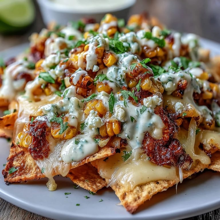 Mexican street corn flavors shine on these cheesy nachos, featuring chipotle crema, red onion, and a sprinkle of chili powder for bold taste.