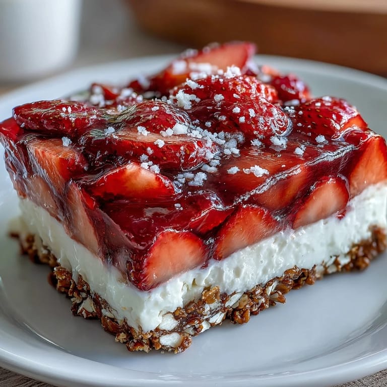 Layered strawberry pretzel dessert with crunchy pretzel crust, fluffy cream cheese filling, and vibrant strawberry topping, ideal for summer parties.