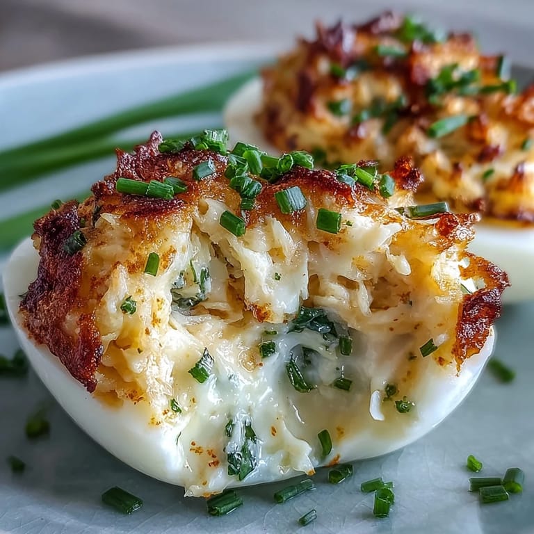 Elegant deviled eggs filled with lump crab meat, creamy mayo, and Old Bay seasoning, garnished with fresh chives for a gourmet touch.  