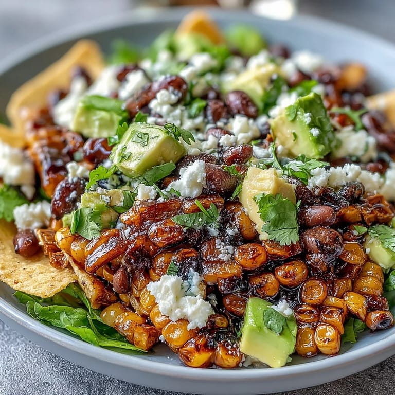 Colorful taco salad featuring charred corn, black beans, tomatoes, and crisp romaine with zesty lime vinaigrette.  