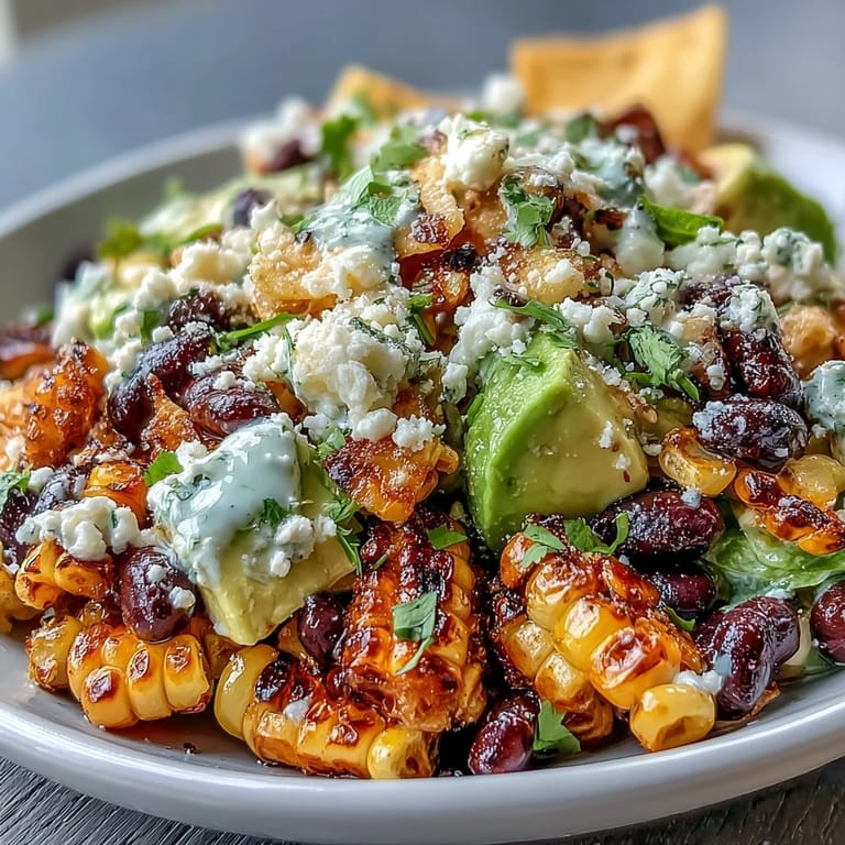 Hearty vegetarian taco salad with grilled corn, black beans, and crunchy tortilla chips topped with creamy avocado.
