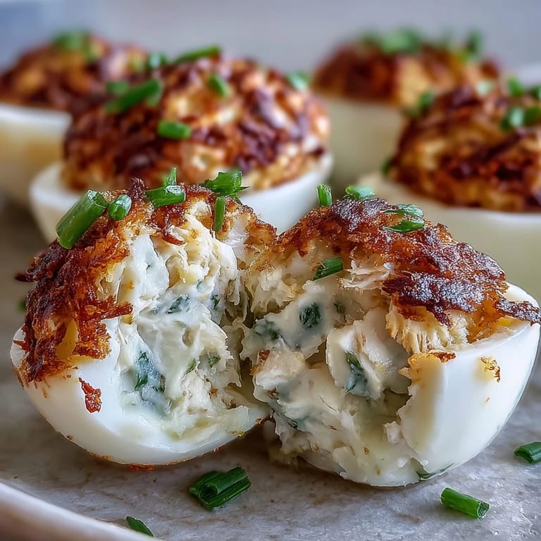 Bite-sized deviled eggs topped with a rich crab cake filling, lemon zest, and Old Bay seasoning, ideal for elegant entertaining or brunch.