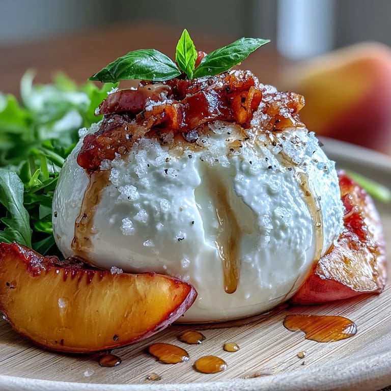 Refreshing burrata and peach salad with prosciutto, basil, and tangy balsamic dressing on mixed greens.