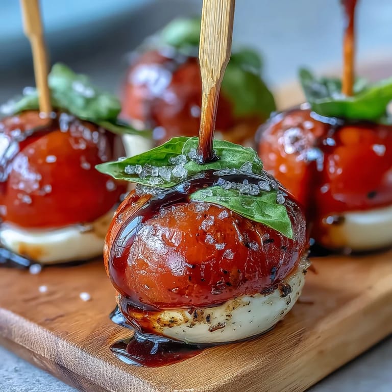 Easy, gluten-free Italian appetizer: Mini Caprese Salad Skewers drizzled with glaze.