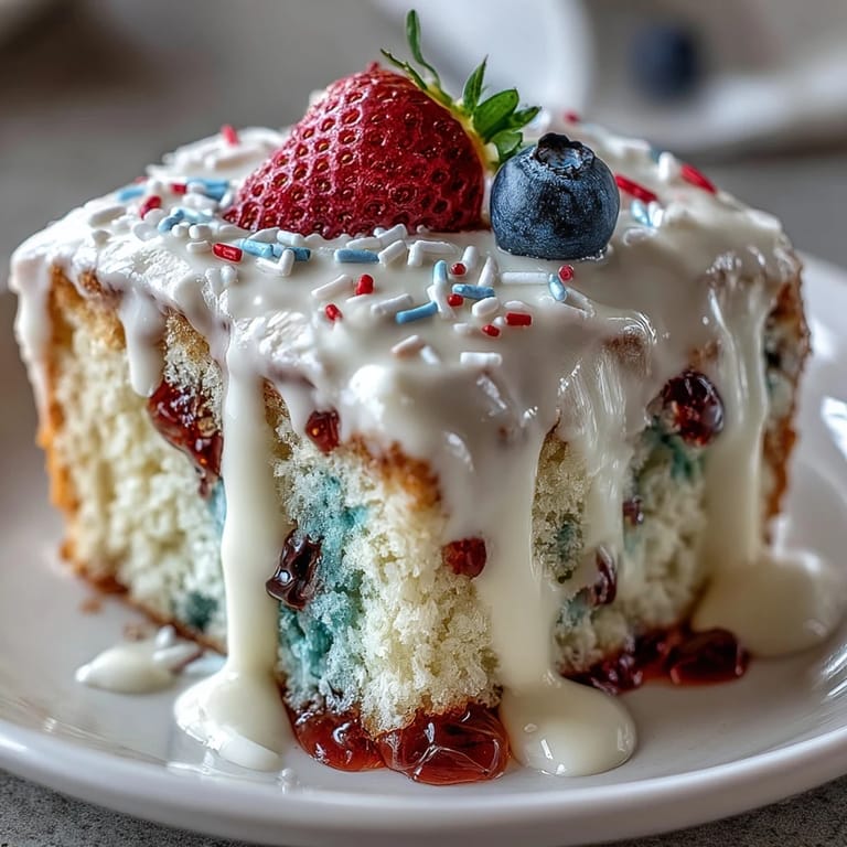 Moist Patriotic Poke Cake, a colorful dessert with smooth white chocolate topping.