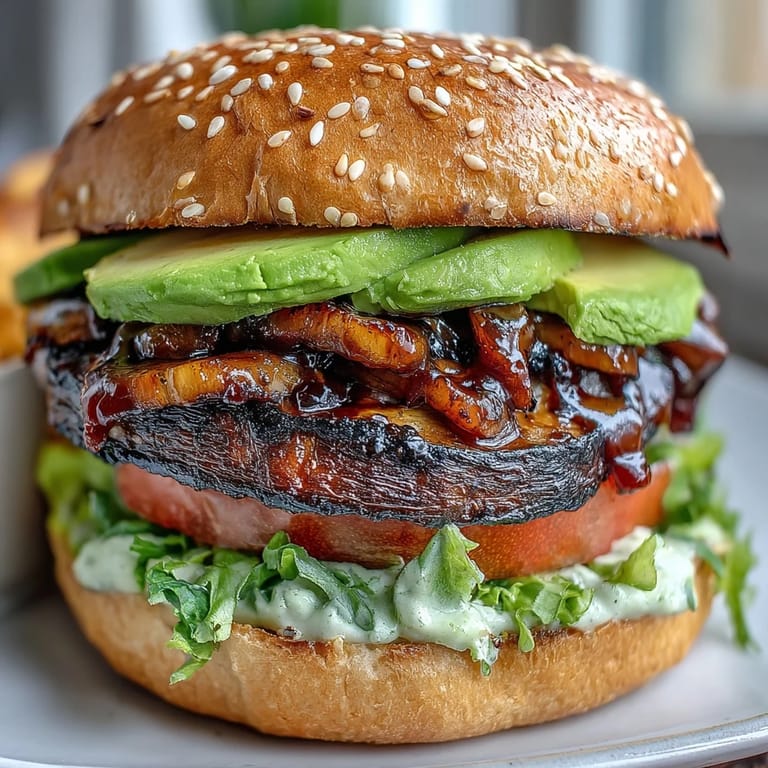 Deliciously charred portobello mushroom burgers loaded with fresh avocado, ready to serve.
