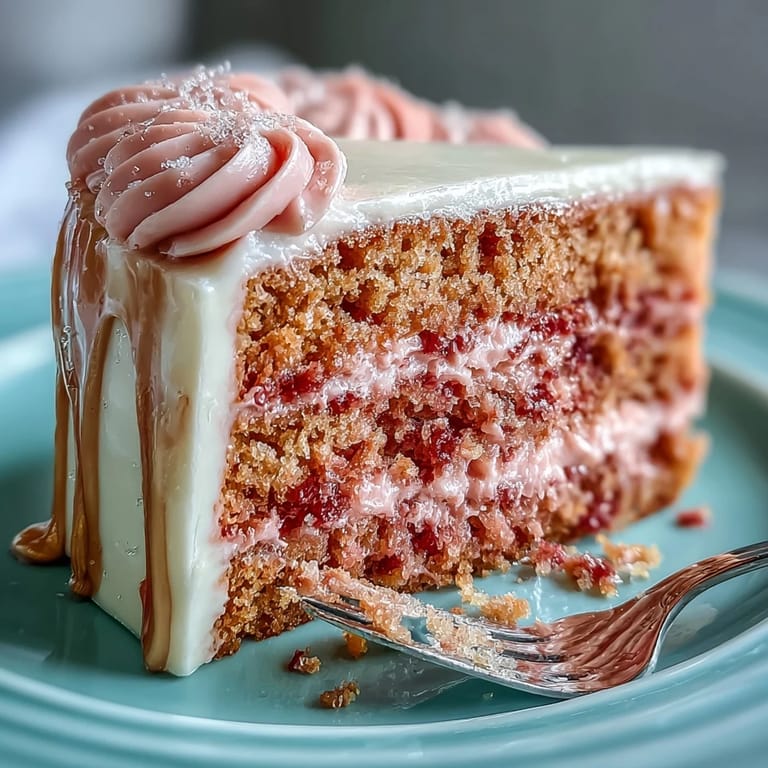 Close-up of the moist Bridal Shower Rosé Velvet Cake with glistening gold drip.