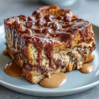 Golden-brown High-Protein Peanut Butter & Chocolate Baked French Toast fresh from the oven, topped with a warm peanut butter drizzle.