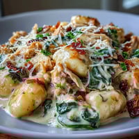 Creamy Spinach & Parmesan Gnocchi with Chicken served in a rustic white bowl, garnished with fresh parsley and extra Parmesan.