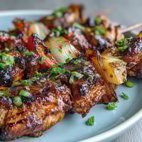 Juicy jerk chicken skewers with sweet pineapple and colorful bell peppers, grilled to smoky perfection and served with lime wedges.