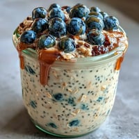 1. Creamy overnight oats with chia seeds and blueberries in glass jars, perfect for easy meal prep breakfasts.