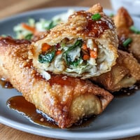 Crispy air fryer vegetable egg rolls with soy ginger glaze, golden and crunchy, served with a tangy dipping sauce.  