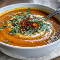 A vibrant bowl of carrot and orange soup with ginger, garnished with fresh coriander and a swirl of coconut milk.