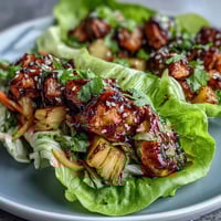 Fresh teriyaki chicken and juicy pineapple wrapped in crisp lettuce leaves with colorful vegetables and herbs.  