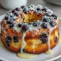 Freshly baked lemon blueberry sourdough donuts topped with a zesty lemon glaze, bursting with juicy berries and tangy citrus flavor.  