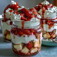 Layered strawberry shortcake trifle in mason jars with fresh berries, fluffy whipped cream, and golden shortcake cubes.  