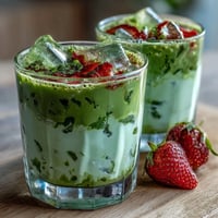Iced Strawberry Matcha Latte in two tall glasses with vibrant red strawberry puree, creamy milk, and green matcha layers, garnished with fresh strawberry slices.