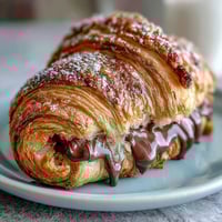 Golden, flaky sourdough croissants oozing with rich dark chocolate, perfect for a luxurious breakfast or afternoon treat.