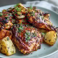 Roasted chicken thighs and vegetables on a sheet pan, golden and crispy, perfect for an easy weeknight dinner.