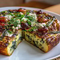 Healthy Easy Spring Veggie Frittata with fresh asparagus, spinach, and cherry tomatoes, golden and fluffy, baked in a skillet for a light, protein-rich breakfast.