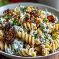Vibrant Elote Pasta Salad with Cotija, Chili, and Lime, showcasing charred corn, creamy dressing, and fresh cilantro on a rustic platter.