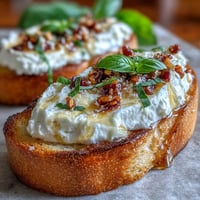 Golden, crispy baguette slices loaded with creamy whipped ricotta and drizzled with spicy hot honey.