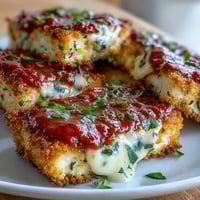 Golden-brown, Asiago-crusted tofu slices are generously topped with marinara and melted mozzarella in this Crispy Tofu Chicken Parm Bakes, served hot on a plate.
