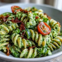 Creamy Green Goddess Pasta Salad with cherry tomatoes, cucumber, and spinach in avocado-basil dressing.