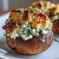 Baked spinach ricotta stuffed mushrooms, golden and tender, bursting with creamy herb filling and savory Parmesan.  