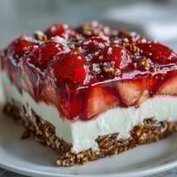 A colorful strawberry pretzel salad with creamy cheesecake layer and fresh strawberries in strawberry gelatin, perfect for Memorial Day gatherings.