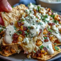 Crispy tortilla chips topped with charred corn, melted Monterey Jack and cheddar cheese, and drizzled with smoky chipotle crema.  