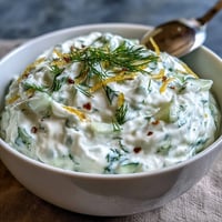 Creamy Greek Skyr Tzatziki with fresh dill, perfect as a refreshing veggie dip.