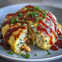 Japanese Omurice with fluffy egg and sweet ketchup drizzle, a comforting meal.