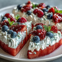 Festive 4th of July Watermelon Pizza with vibrant berries and creamy topping.